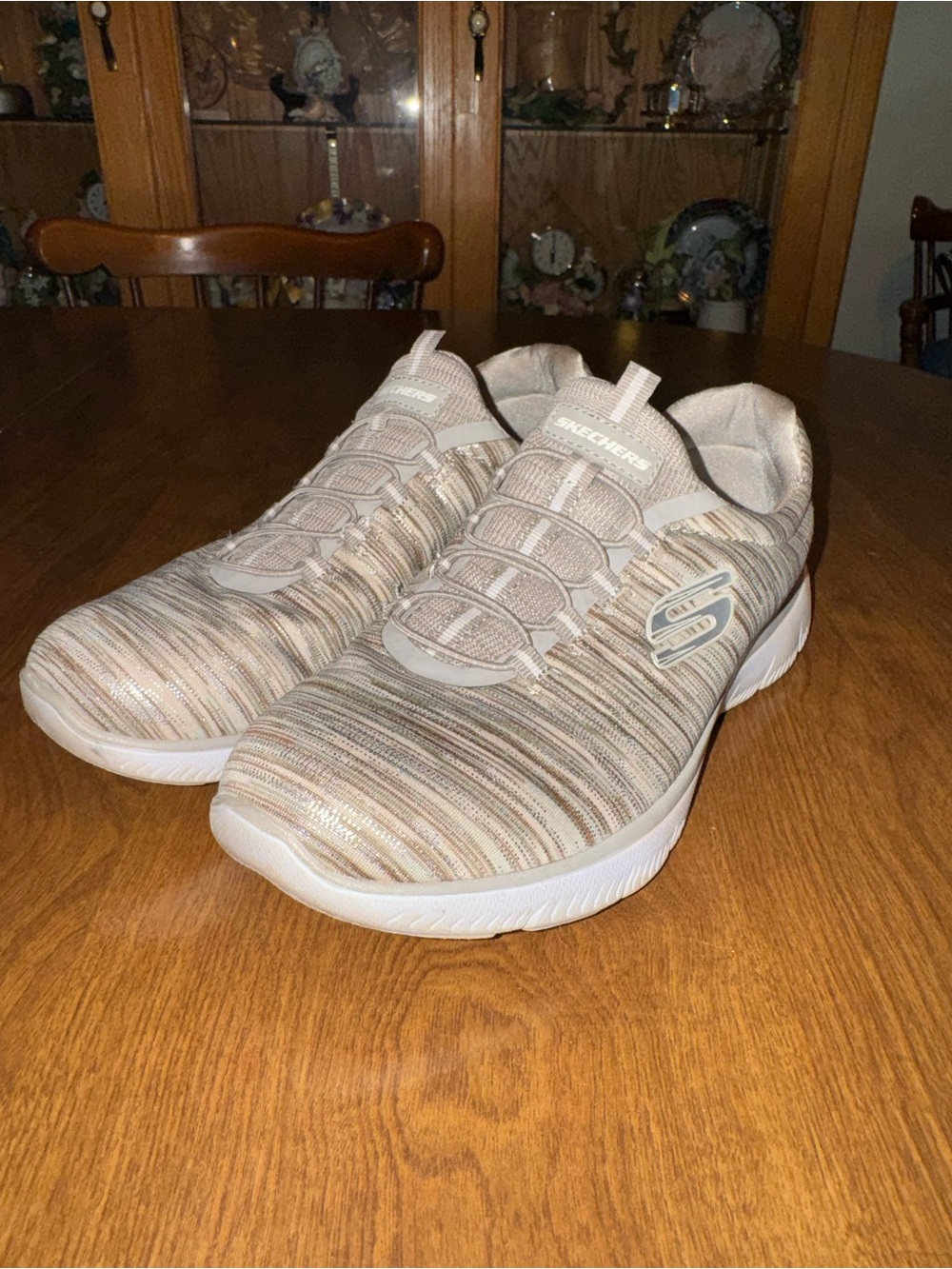 Skechers Women's Slip-On Athletic Sneakers in Beige and White Stripe